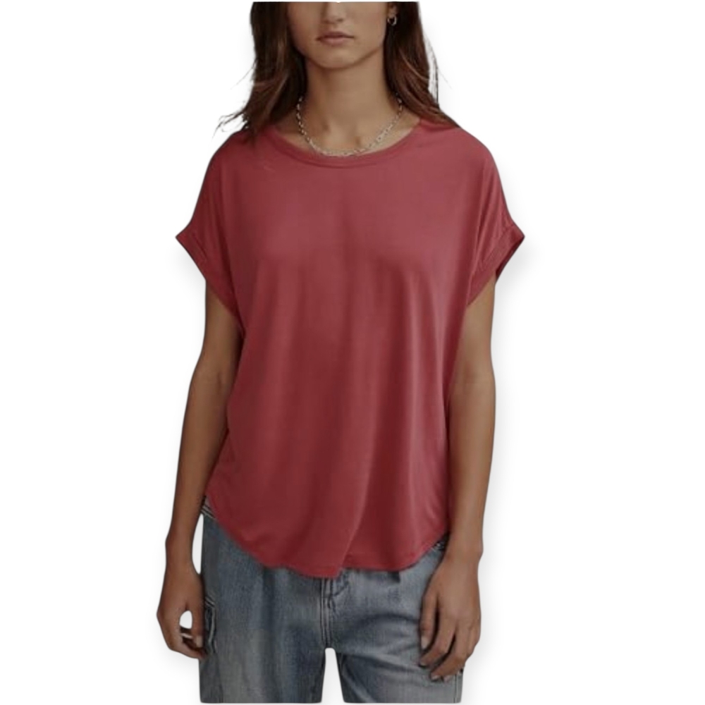 Lucky Brand Sandwash Dolman Sleeve Crewneck T-Shirt Rose Red Bud Size XS